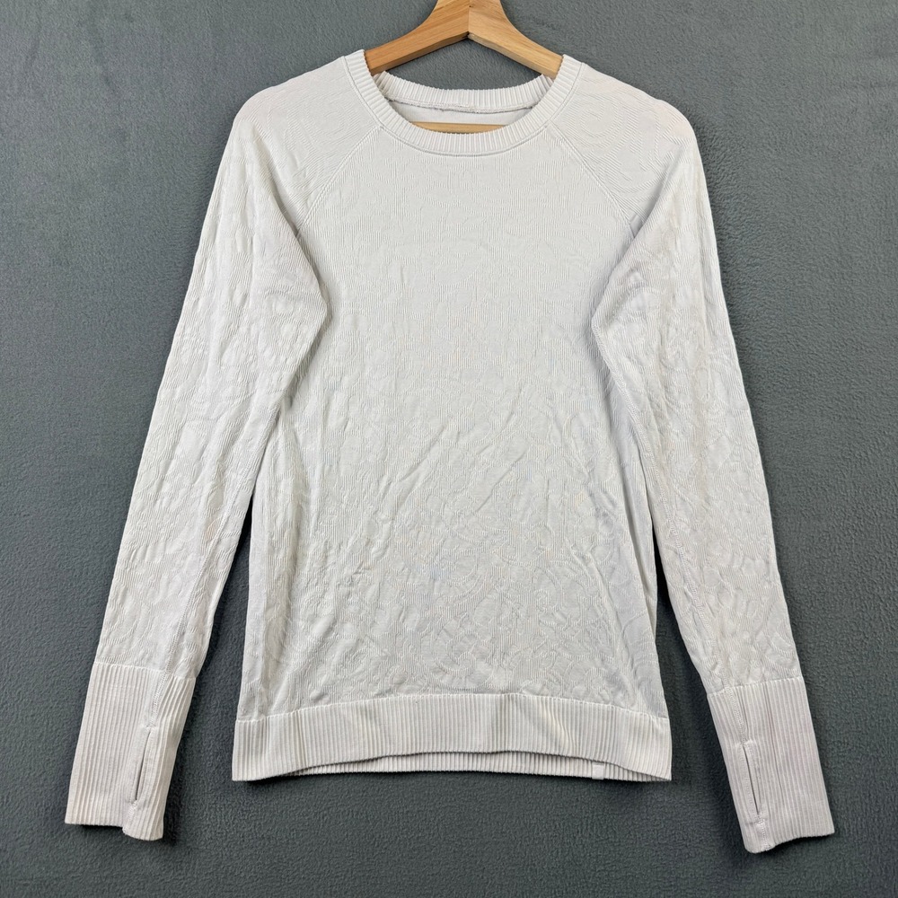 Lululemon Rest Less Pullover White‎ Jacquard Swirl Thumbhole Sweater 6 Long Slv